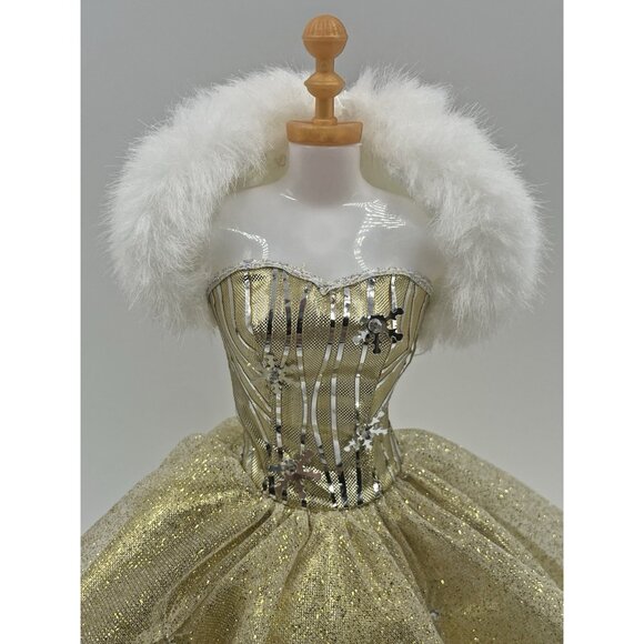 Gold Glitter Gown For 12" Fashion Dolls With Faux Fur Shawl & Snowflake Accents - Picture 2 of 7
